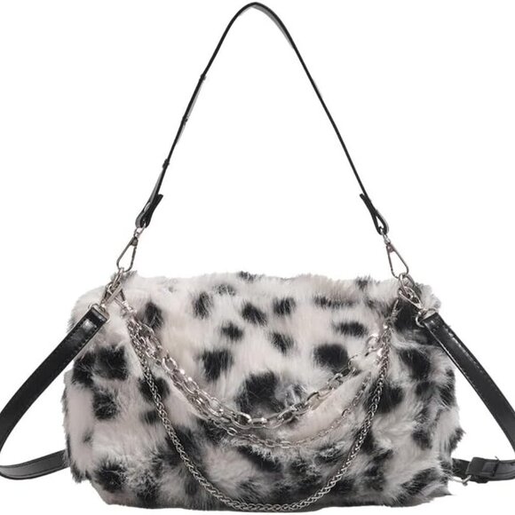 Elegant Leopard Print Shoulder Bag - Plush Crossbody Purse with Chain - 10.2" - Picture 1 of 6